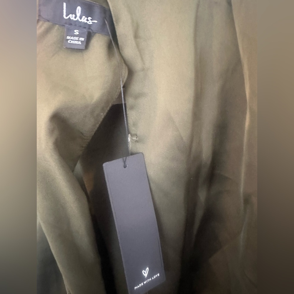 NWT Lulu's Distinctive Charm Olive Green Satin Asymmetrical Midi Dress - Picture 9 of 9